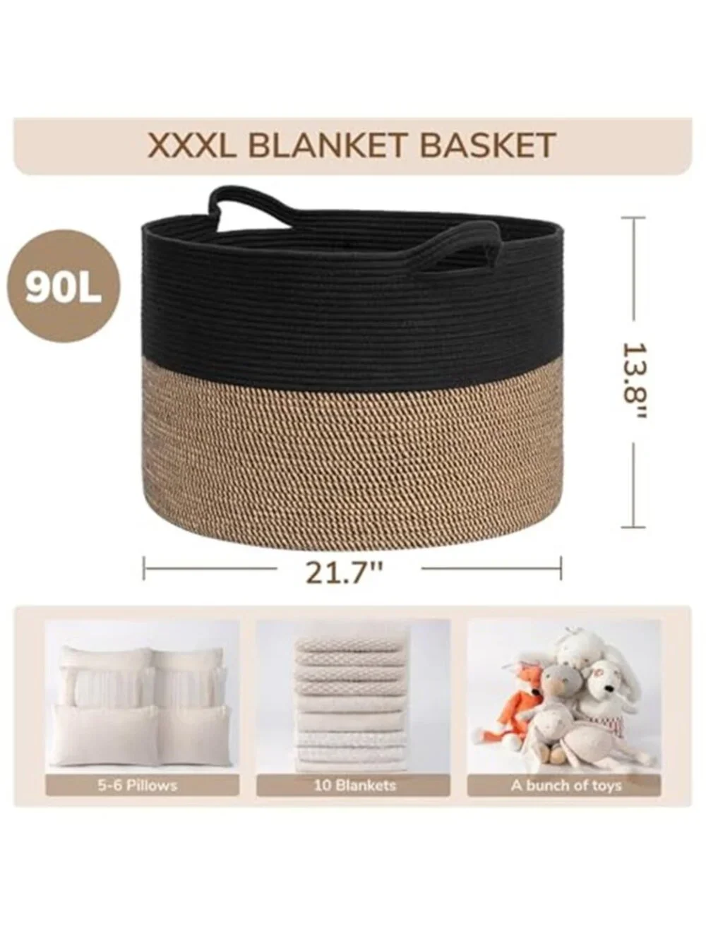 New XXXLarge Woven Rope Blanket Basket Living Room Mix Black, 90L